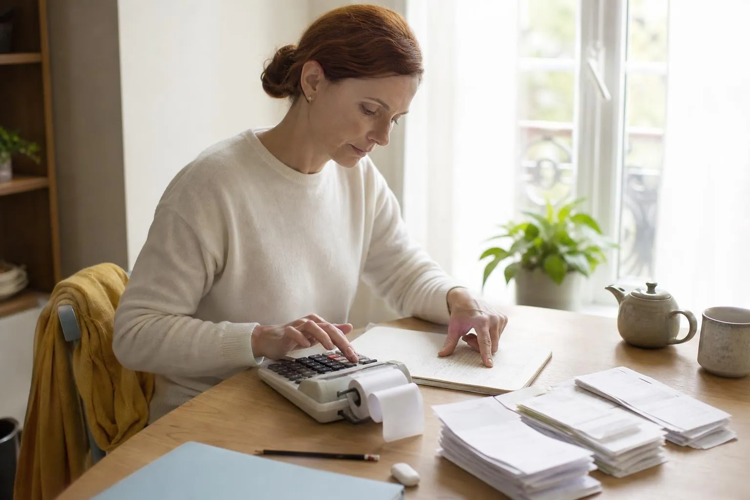 Femme d’une quarantaine d’années calculant un budget à la main avec une calculatrice de bureau et un carnet à colonnes sur une table claire