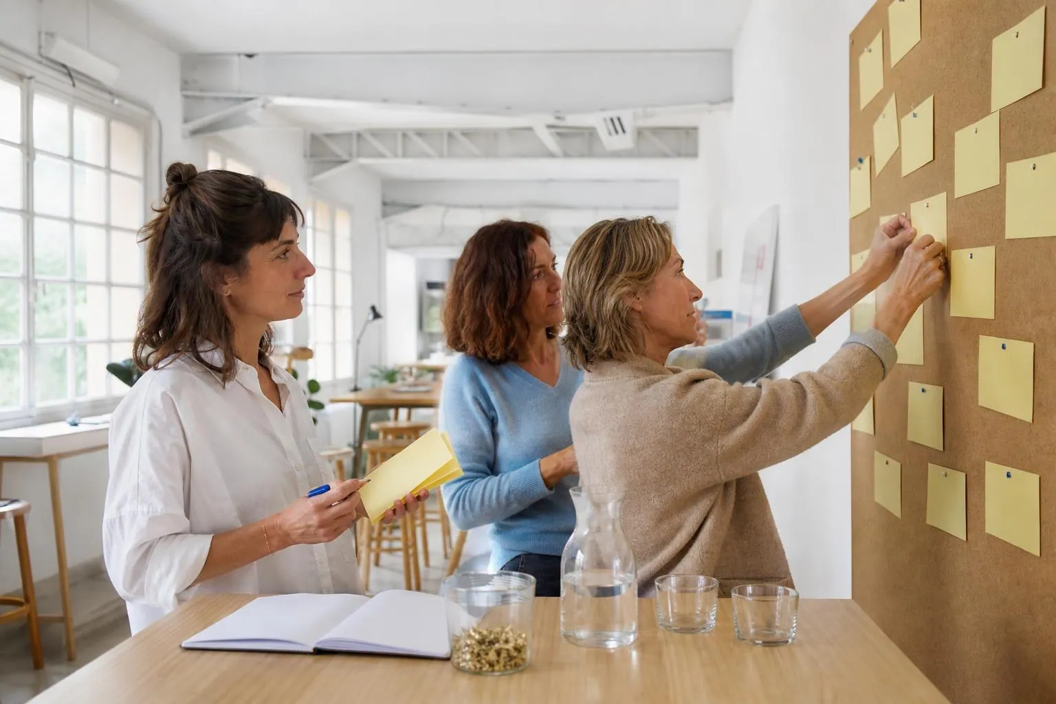 Trois femmes debout autour d’une table haute d’un atelier collectif, épinglant des fiches cartonnées sur un panneau de liège clair