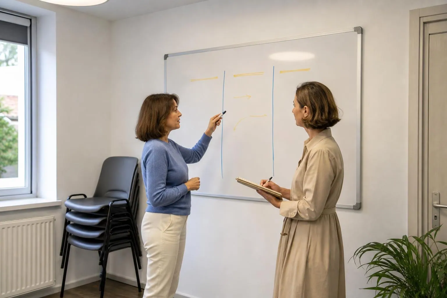 Deux femmes debout devant un tableau blanc mural où sont tracées trois colonnes annotées à la main dans une salle associative claire