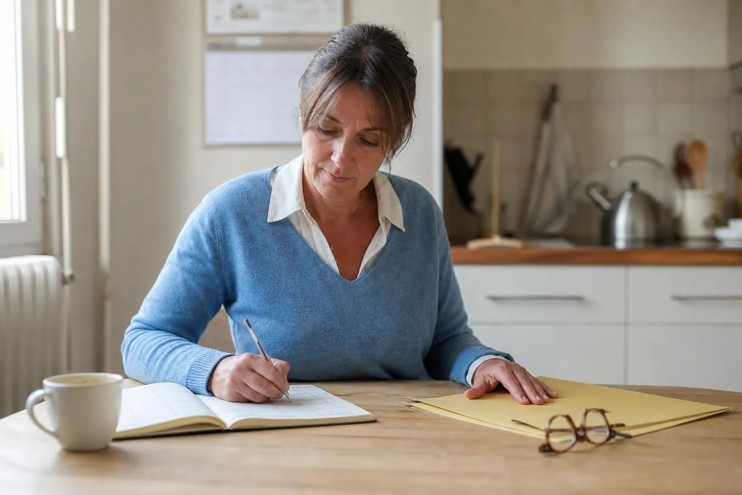Femme d’une cinquantaine d’années assise à une table de cuisine claire, stylo en main, qui écrit dans un carnet à colonnes ouvert devant une tasse et un dossier fermé